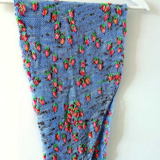 ParalleloPooling Shawl worn as a wrap, hand-dyed yarn by Auridon Yarns
