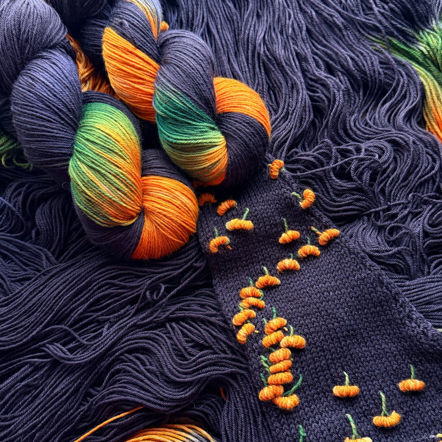 Pumpkin Patch Noir assigned pooling yarn, additional view