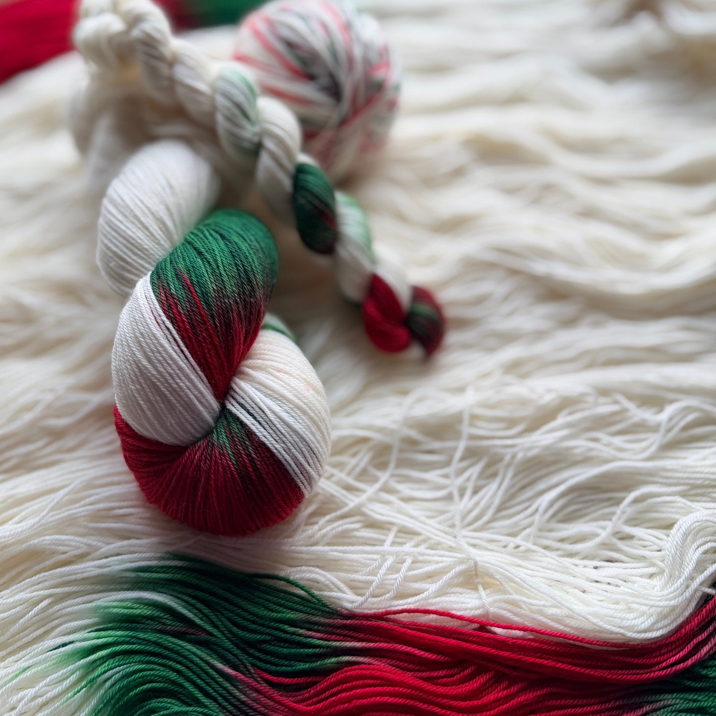 Holly assigned pooling mini skein, detail view