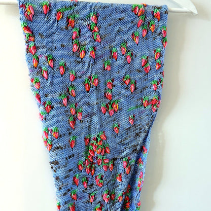 ParalleloPooling Shawl worn as a wrap, hand-dyed yarn by Auridon Yarns